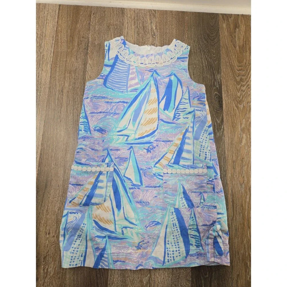 Lilly Pulitzer Girls Classic Shift Dress Girls 8 Aboat Time Purple Sail Boats